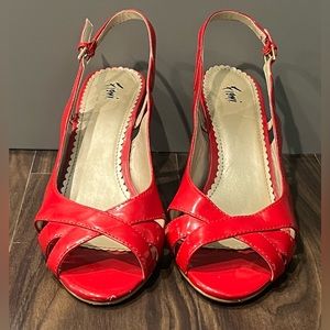 Fioni red patent peep toe sling back 2.5” heels, 8.5 W